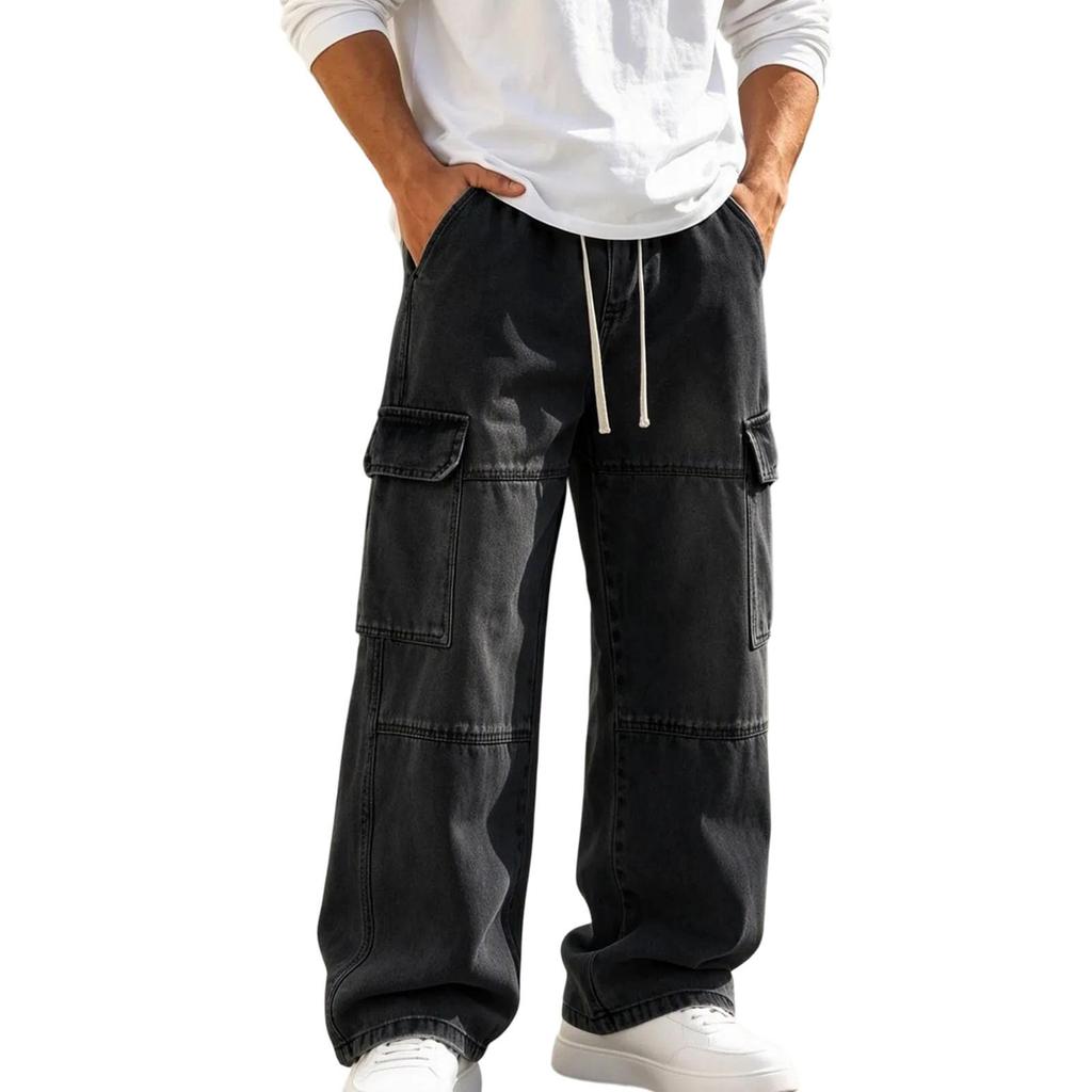 Men's Loose Fit Denim Cargo Pants with Elastic Waist, Streetwear Casual Outdoor Trousers