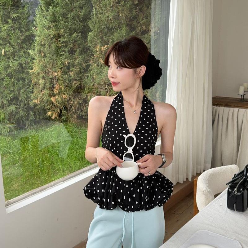 Sweet Wind Black Polka Dot Neck V-neck Vest Women's Clothing Summer Design Waist Slim Fit Chic Beautiful Top