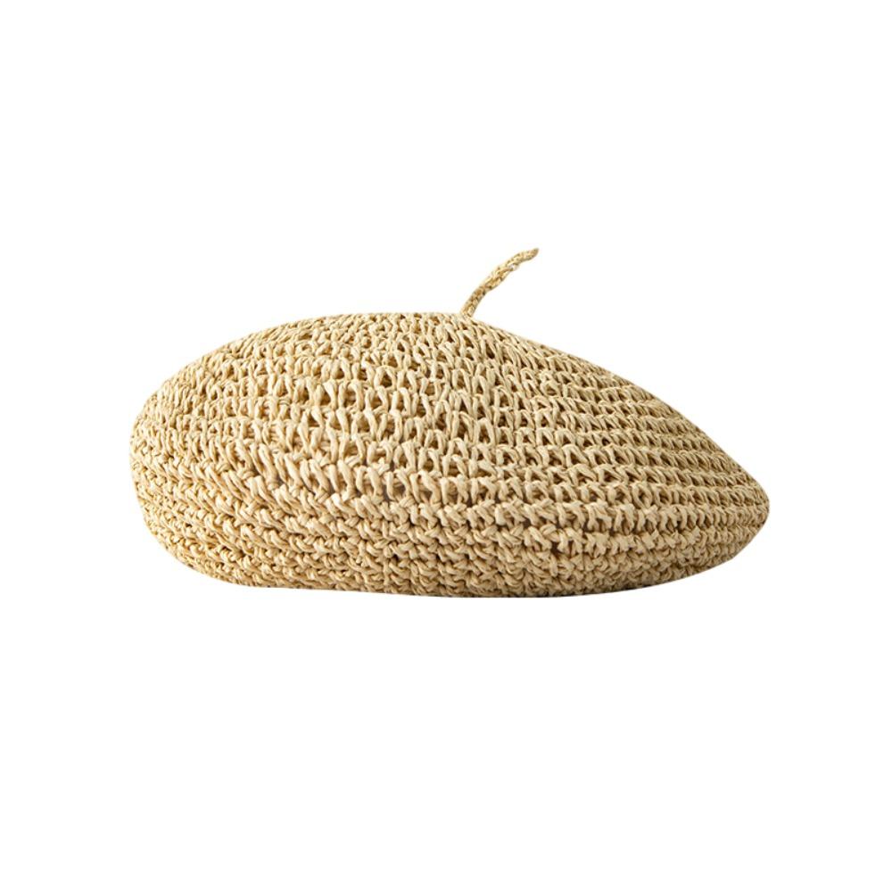 Fashion Handmade Summer Straw Beret Thin Breathable French Crochet Beret Hollow Flat Design Beach Weave Beret Holiday Wear бежевый
