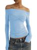 Tossy Mesh Sheer Off-Shoulder Top Shirt For Women New Long Sleeve See-Through Lace Knit Pullover Tops Summer Mesh Top Tee Shirt