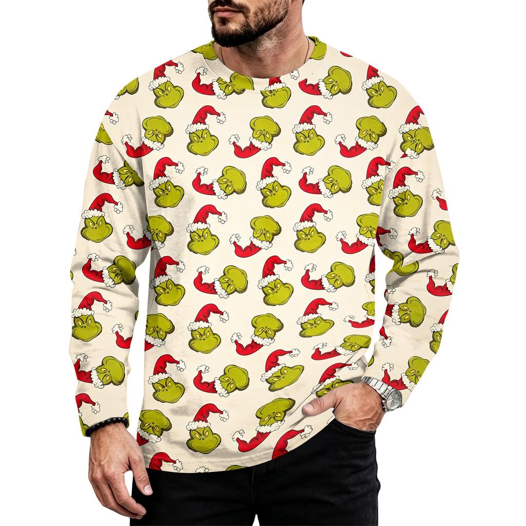 Men's Plus Size Loose Fit Casual Neck Long Sleeve T-Shirt with Christmas Print for Fall and Winter