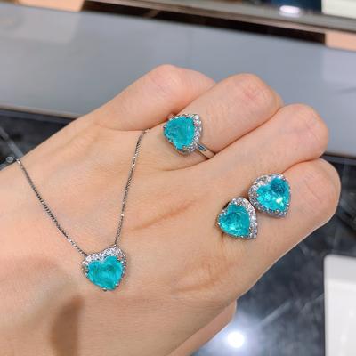 Jewelry Love Heart Pendant Heart Earrings Love Ring Imitation Paraiba Set Heart Main Stone 9 * 9