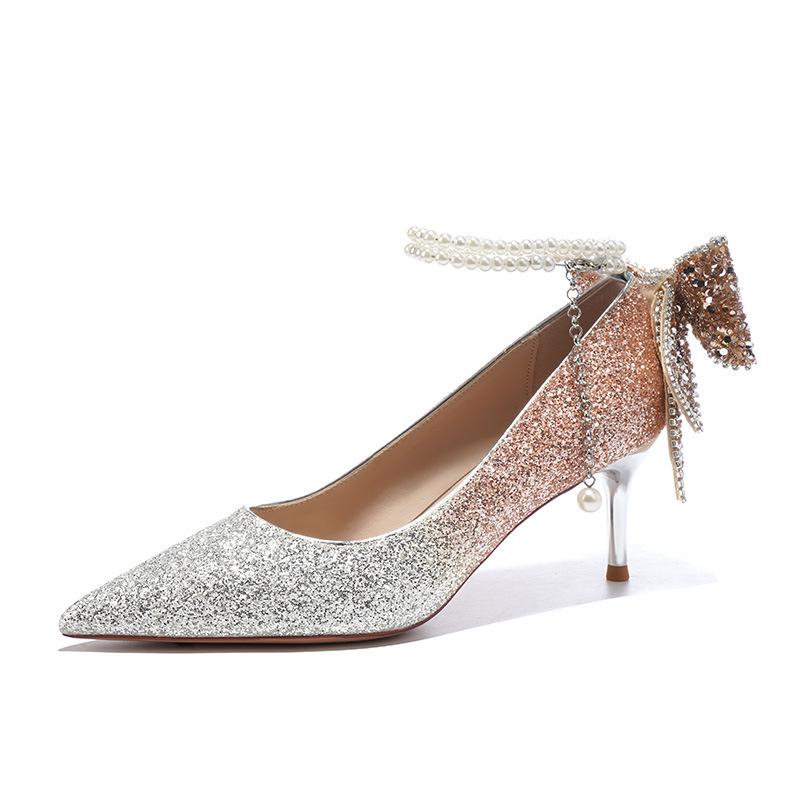 

9888W-012 Xiuhui Women s High-End Crystal Pearl Wedding Heels with Sequins and Bowknot 38