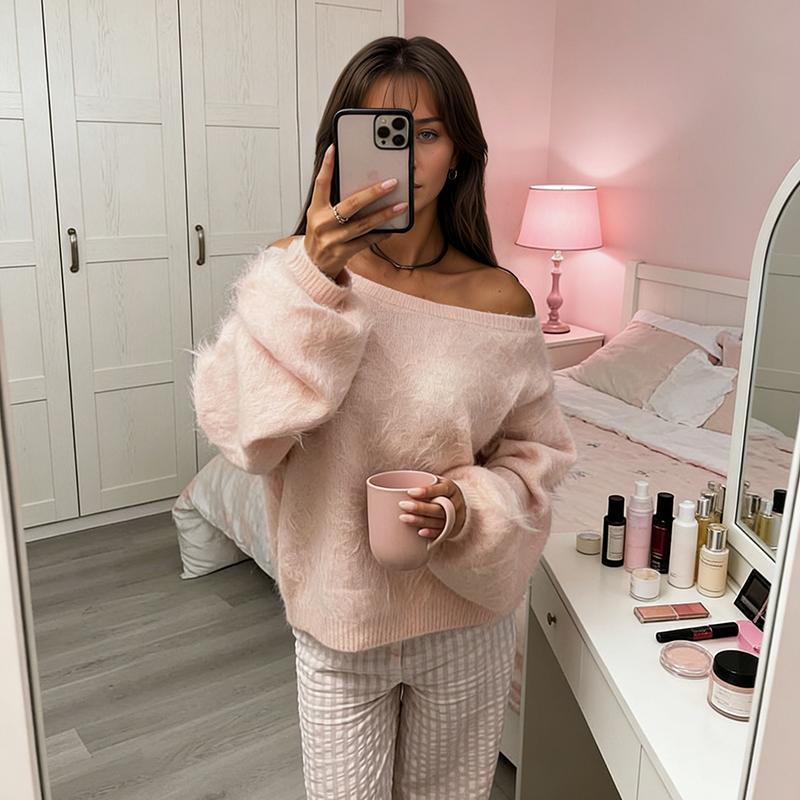 Casual Gebreide Trui Dames Pullover 2026 Lente Losse Off-shoulder Trui met Lange Mouwen Streetwear Dames Warme Street Gebreide Tops