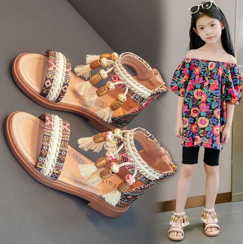 Kids Beach Shoes Non-slip Soft Sole Girls Roman Sandals Ethnic Style Bohemia 2025 New Fashion Children Princess Shoes Back Zip