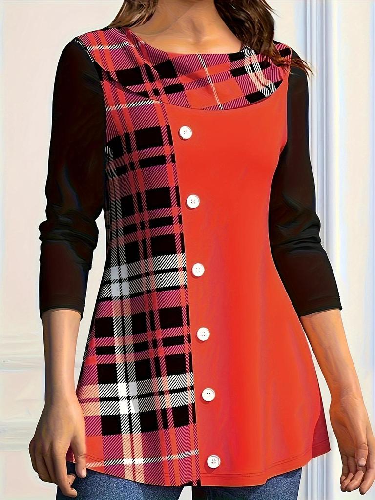 Tricou de damă cu mânecă lungă și guler cu nasturi, mărime plus, toamnă/iarnă 2023