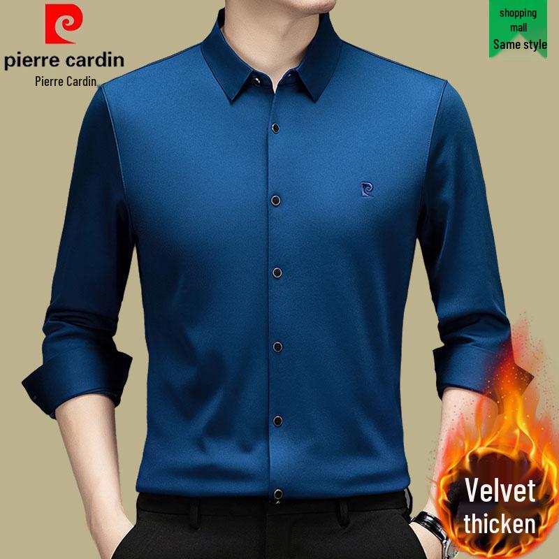 Pierre Cardin Men's Long Sleeve Mulberry Silk Shirt - Iron-Free, Plus Velvet, High-End Business Casual for Autumn/Winter