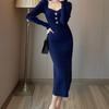 Women's Mid-Length Slim French Retro Knit Square Collar Sweater Dress for Autumn/Winter