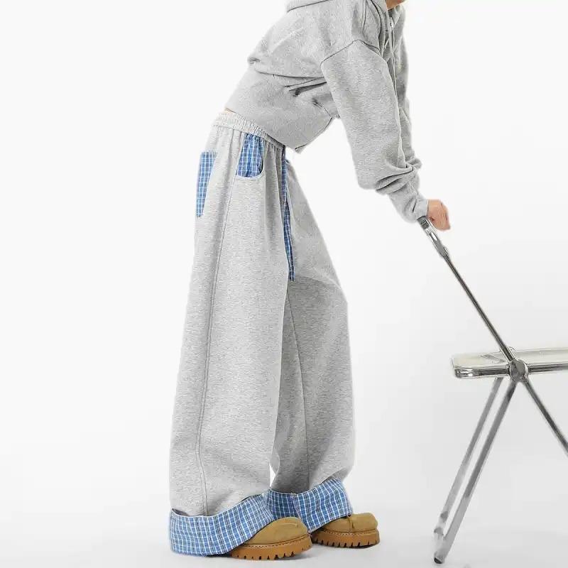 Women Plaid Patchwork Wide Leg Sweatpants Elastic Waist Casual Trousers L серый