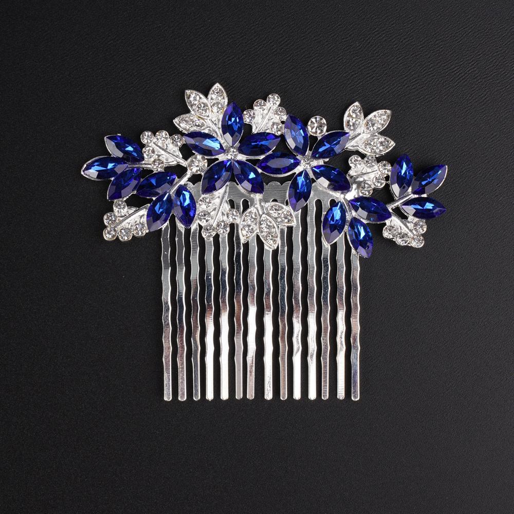 

Женский свадебный серебристый синий гребень для волос с цветком и листом из страз для особого случая, головной убор, аксессуары для волос для женщин