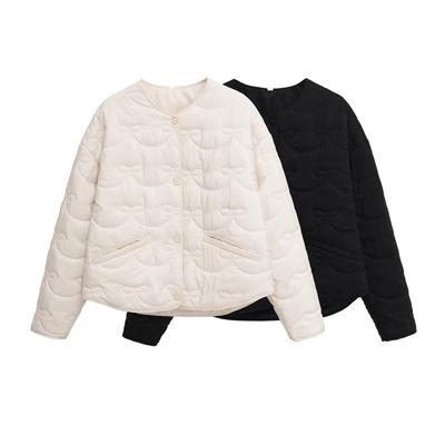 Vinterjakke til kvinder, quiltet bomuld, med sløjfedetalje, rund hals, streetwear-stil