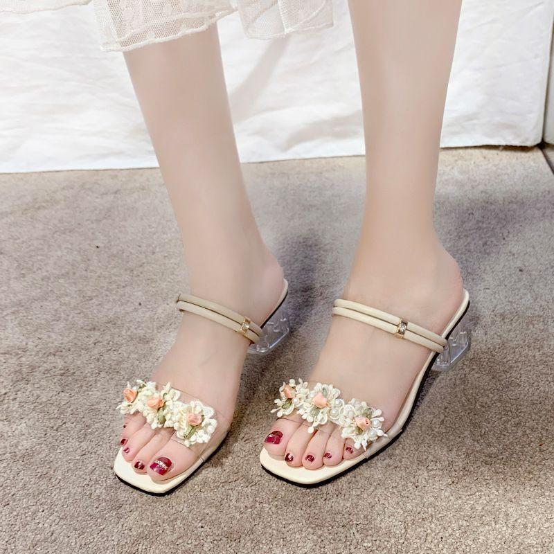 Flower open-toed women's cool slippers women's outer wear 2025 summer new mid-heeled sandals women's thick heel with slippers