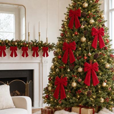 Christmas Decor Red Plush Long Tail Bow Hanging Ornament Window Display Festive Party Decoration