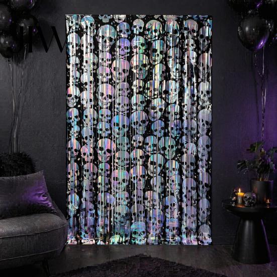 Holiday Wall Decor Halloween Skull Foil Fringe Curtain, Iridescent Disposable Tablecloth, Theme Decoration Table Cover Tinsel Backdrop for Party