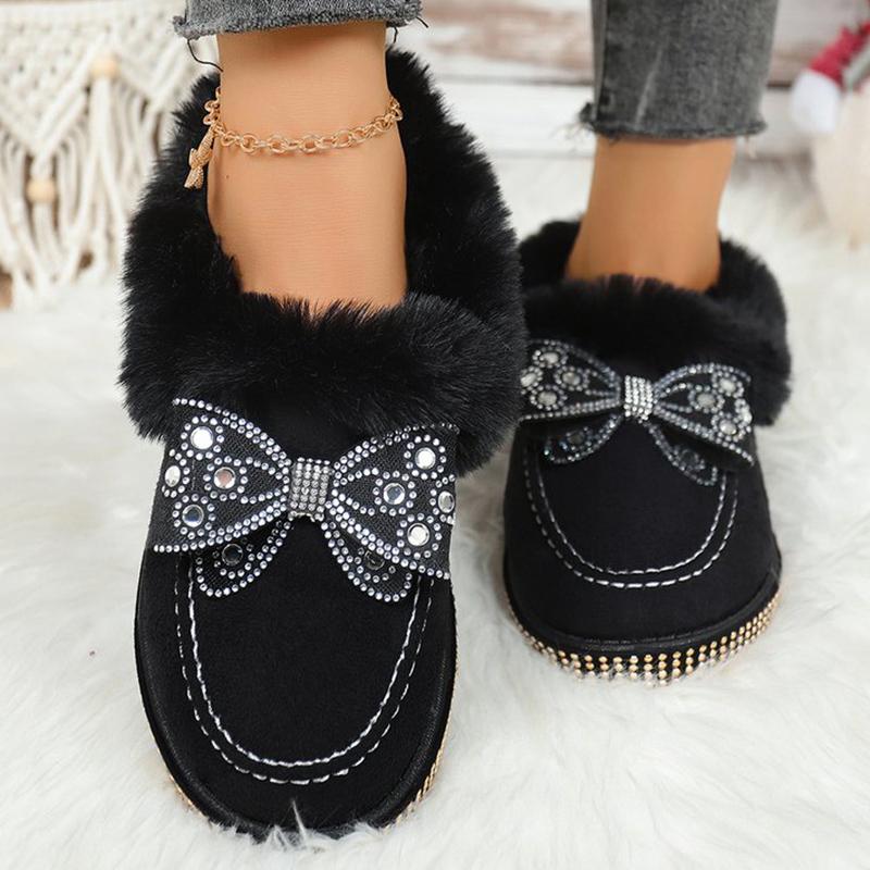 Fashion Bowknot Crystal Detor Snow Boot Women Winter Slip On Furry Snow Boots for Woman Round Toe Short Plush Warm Booties Laides