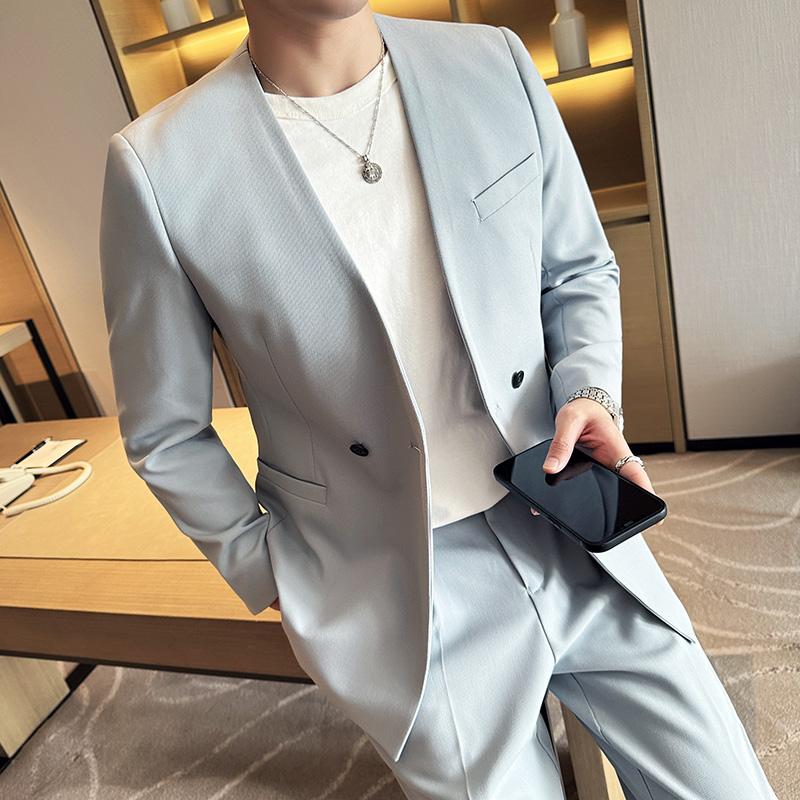 High Quality Fashion Men's Suit Coat Collarless Solid Wear Korean Style Slim Fit Blazers Tops Man