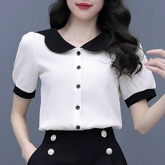 Women's Summer Color Block Doll Collar Two-Piece Set: Short Sleeve Top & Shorts