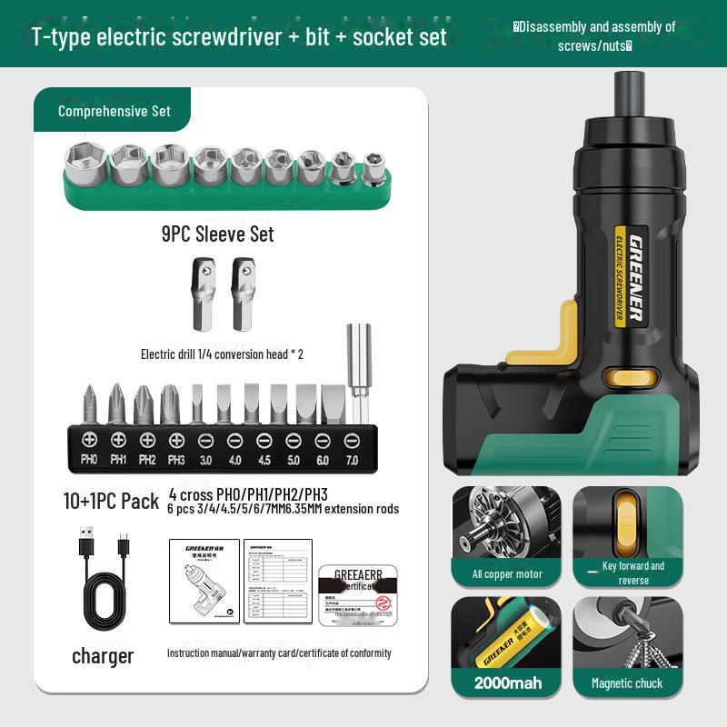 Set șurubelniță electrică reîncărcabilă tip T Green Forest & set de găurit