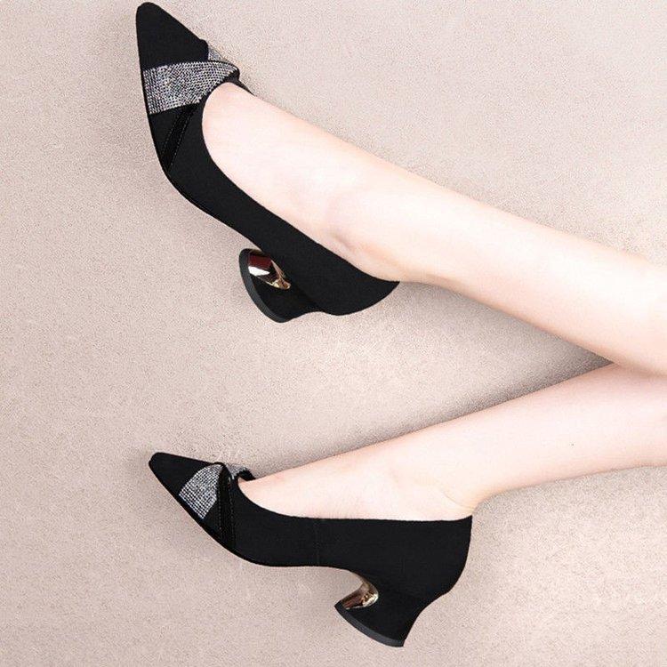 Fashion temperament rhinestone shallow mouth single shoes women's middle heel 2025 autumn new fashion versatile pointed thick heel high heels