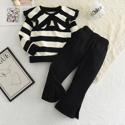 Girls' Autumn Outfit with Turn-down Collar Top Set New Trendy Children's Striped Sweatshirt Flared Pants Baby Two-piece Set