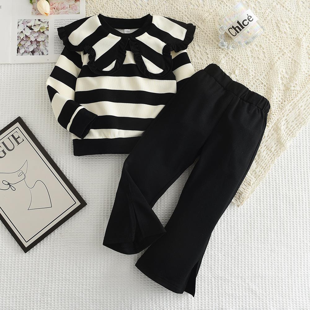 Girls' Autumn Outfit with Turn-down Collar Top Set New Trendy Children's Striped Sweatshirt Flared Pants Baby Two-piece Set