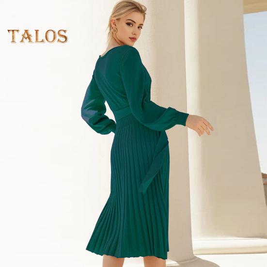 Autumn Lady Dress Knitted Round Neck Long Sleeves Slim Fit Pleated Lace-up Tight Waist Mid-calf Length Elastic Solid Color Midi Sweater Dress