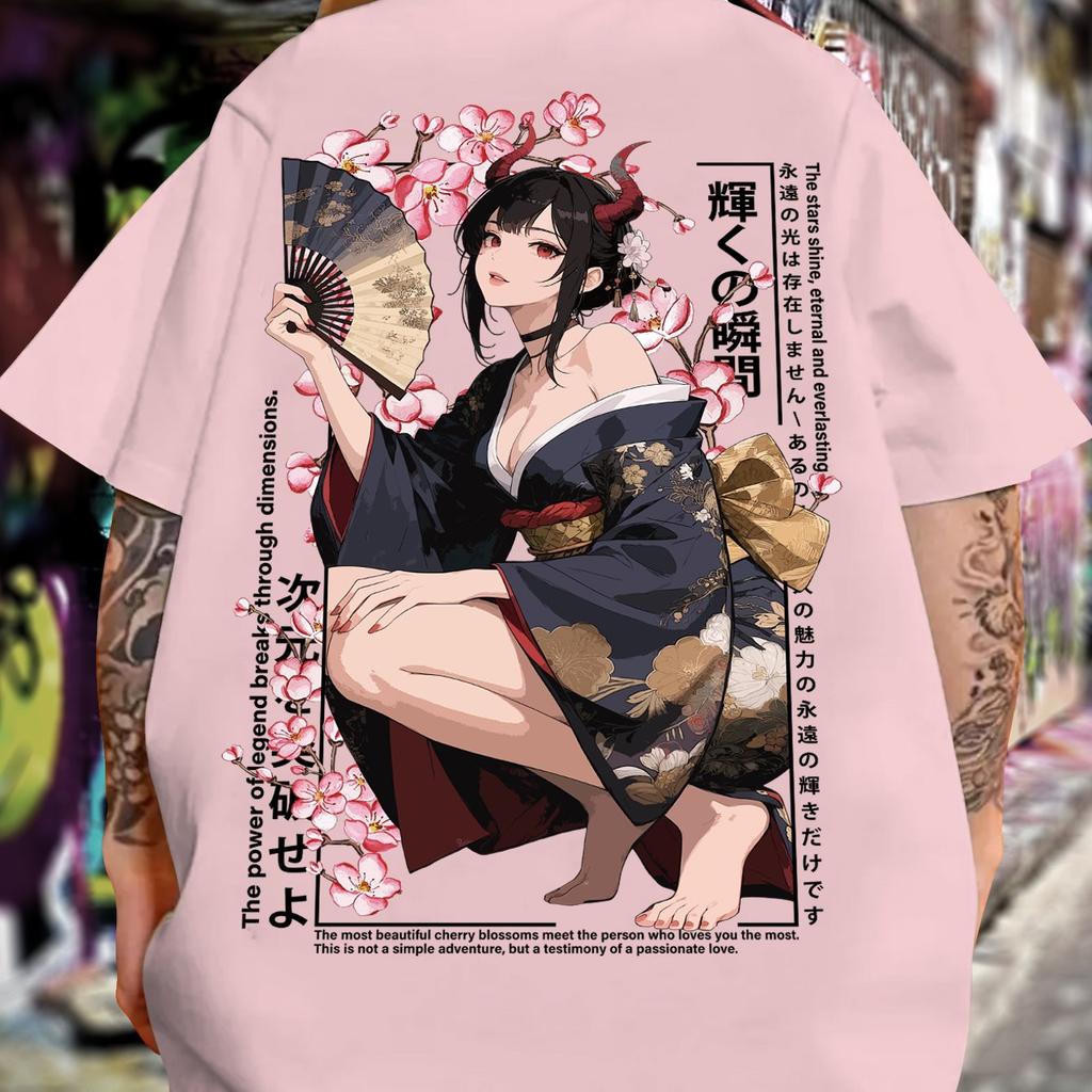 Summer Pure Cotton Men Casual Sports Y2k Japanese Manga Characters Cherry Blossom Pattern Printed Trendy T-shirt