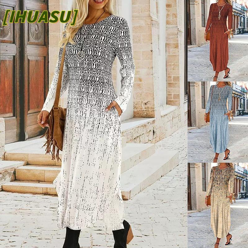 IHUASU Fashion Autumn Winter Long Sleeve O-Neck Casual Dresses
