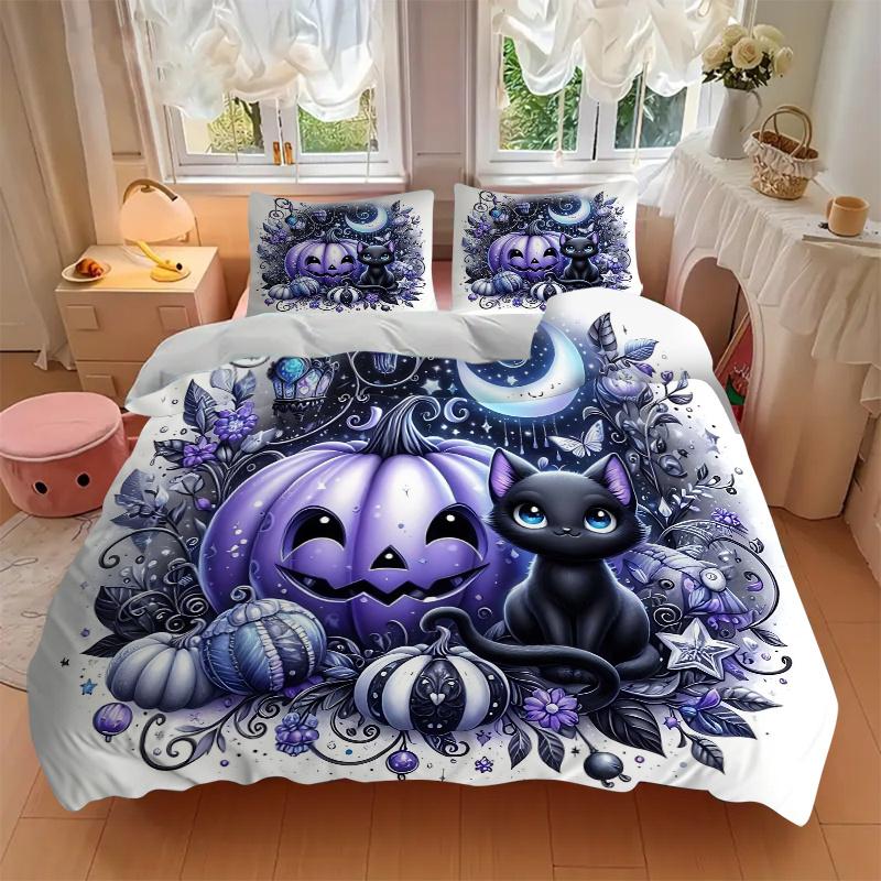3pcs Happy Pumpkin & Cat Print Bedding Set (1 Cover + 2 Pillowcases, Without Inserts), This Printed Bedding Set is Soft and Comfortable, Sui