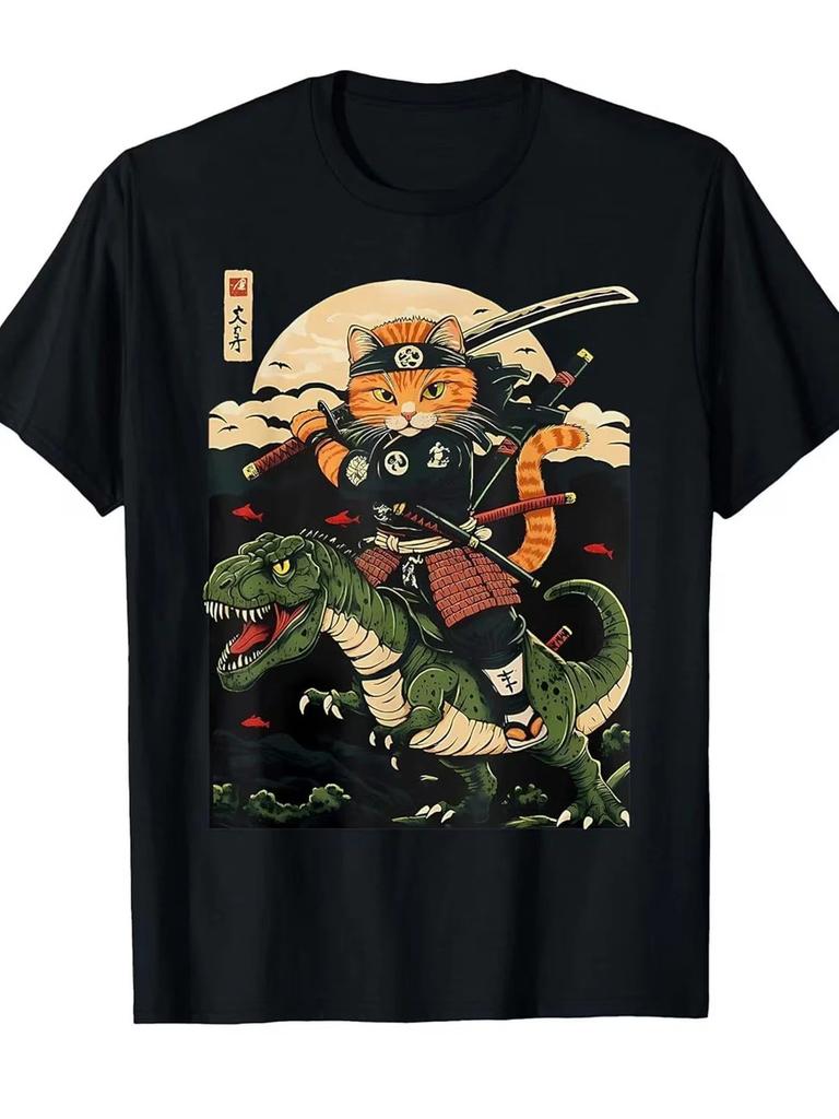 Men'S & Samurai Cat Riding T-Rex Dinosaur Anime Graphic T-Shirt - Japanese Ukiyo