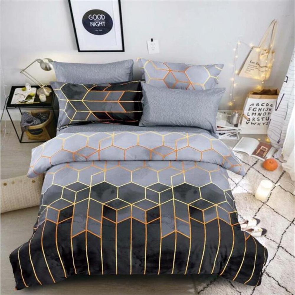 Gold Line Geometric Rhombus Color Grid Three-Piece Quilt Cover, Pillowcase, Reverse Solid Color Kit Bedding