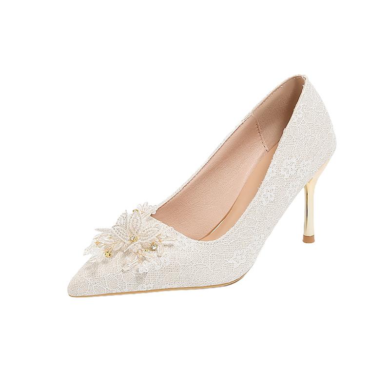 

Stiletto Single Shoes Autumn New Pointed Toe Shallow Mouth Crystal Pearl Flower Slip Anti-slip Wear-resistant High Heels 35 срібний