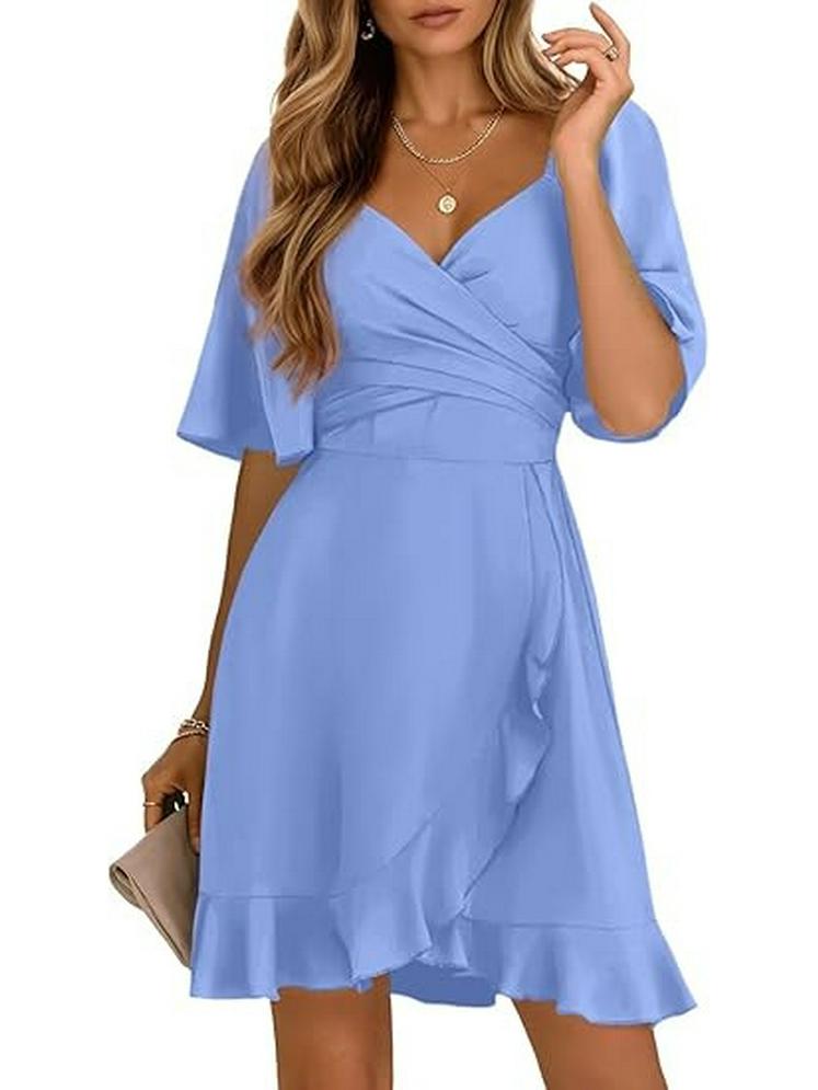 2026 V-Neck Solid Color Ruffle Summer Dress for Women - Stylish Waist-cinching European and American Fashion