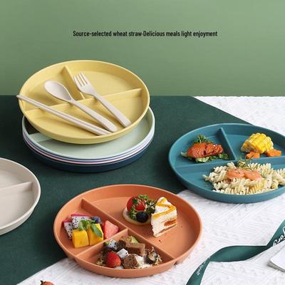 Assiette Ronde Divisée en Paille de Blé: Assiette alimentaire en plastique à trois compartiments pour réduire les graisses