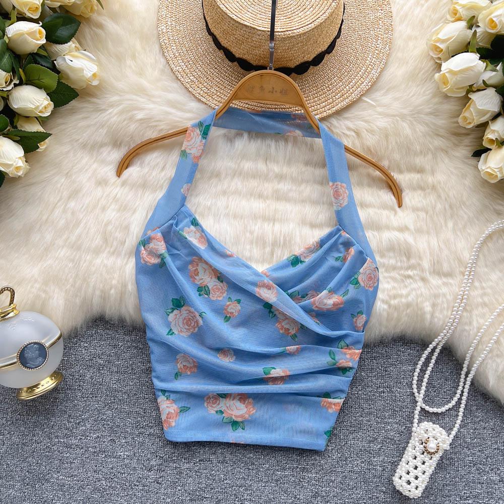 

Женские милые шифоновые майки с принтом, летние сетчатые майки с лямкой на бретельках и открытой спиной, винтажные тонкие топы без рукавов Dobby Basics, укороченный топ Y2k M синий