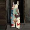Women's One-piece Pants With Retro Prints, Casual Loose Retro Straps, And Cotton And Linen