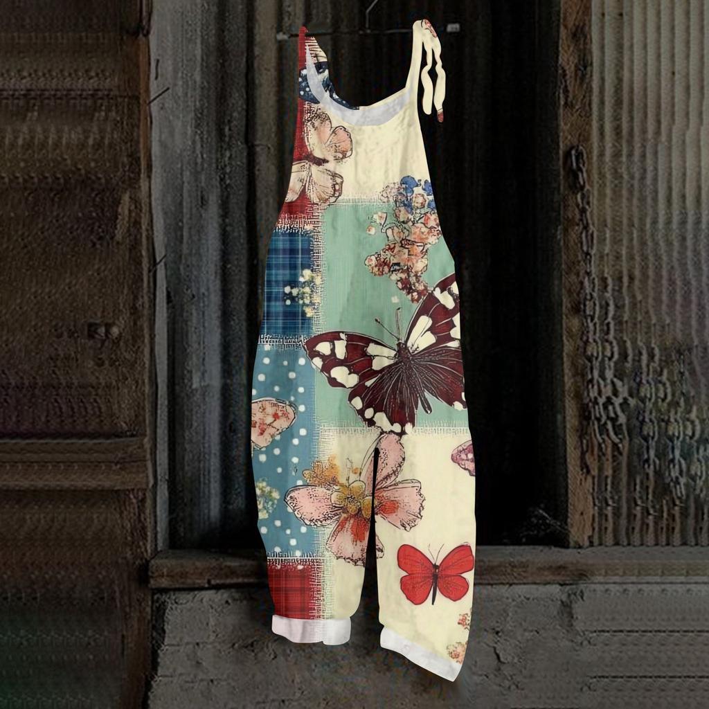 Women's One-piece Pants With Retro Prints, Casual Loose Retro Straps, And Cotton And Linen