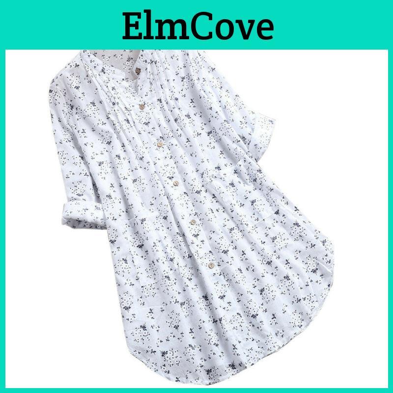 Elegant Women V-neck Long Sleeve Flower Print Linen Shirt Ladies Casual Loose Blouse Top