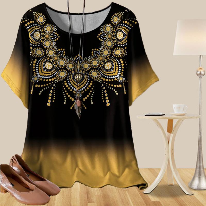 Women's Fashion Casual Loose Spring Shirt Women's Short Sleeve Colorful Lotus Vintage Pattern Printed Tops