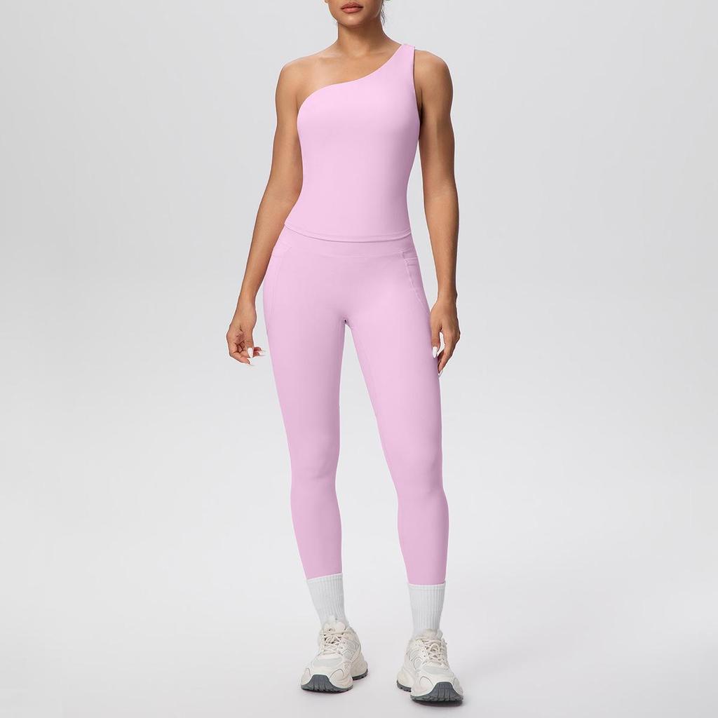 European & American Solid Color One-Shoulder Sports Vest & High-Waisted Pocket Yoga Pants Fitness Set for Women
