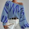 Womens Loose Knit Sweater Lantern Sleeve Geometric Street Style 2025