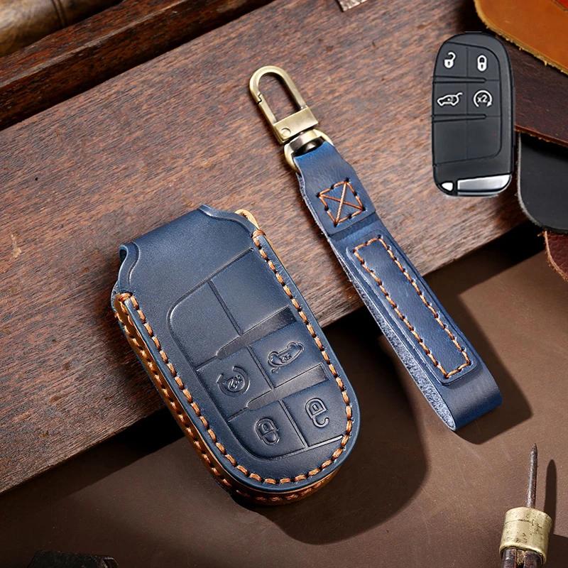 Leather Car Key Case Cover Fob For Jeep Renegade Grand Cherokee For Dodge Ram Charger 1500 Challenger Chrysler 300C Journey