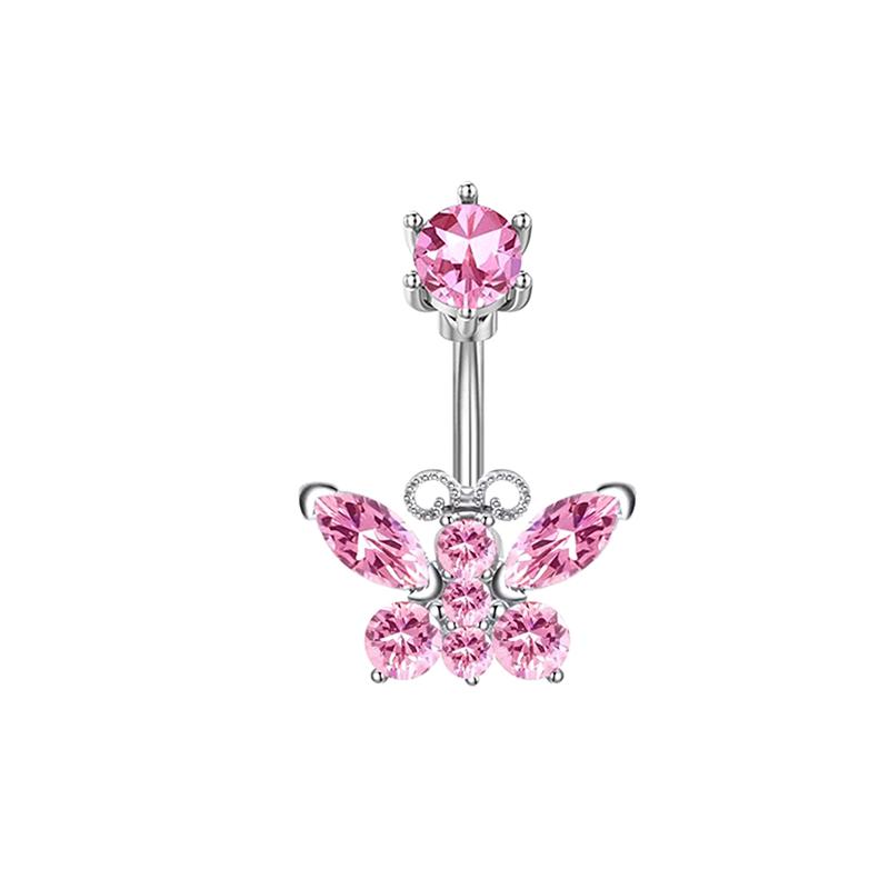 Fashion Pink Heart Butterfly Belly Button Ring For Women Girls Cute Stainless Steel Zircon Navel Ring Body Piercing Jewelry Gift