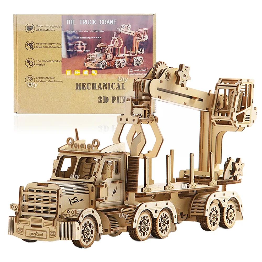 DIY 3D Wooden Puzzle Movable Retro Biplane Crane Bulldozer Handmade Assembly Truck Model Toys Decoration Gift for Kids G204