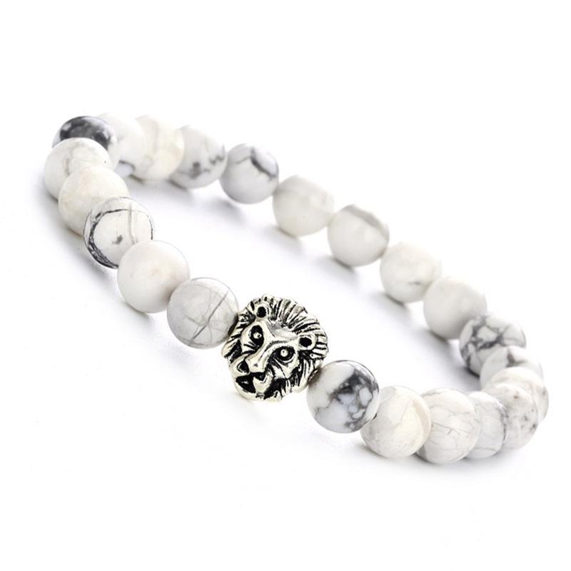 White Turquoise Lion Head Bead Bracelet - 8MM Cross Style Jewelry