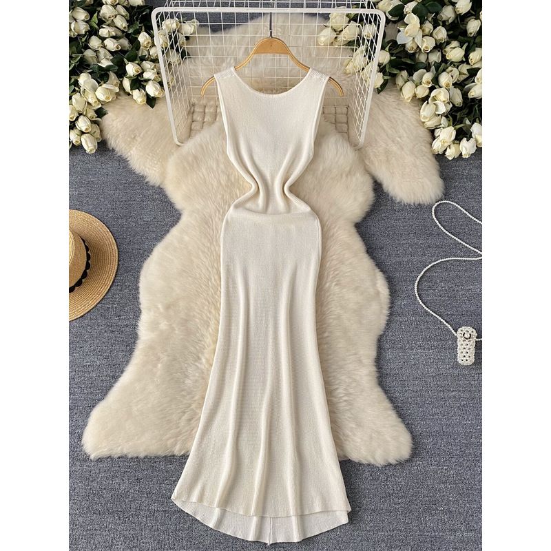 Sexy Socialite Elegant Dress Women's Stylish V Neck Sleeveless Silm Slim Looking Mid-Length Knitted Skirt Mermaid Dress