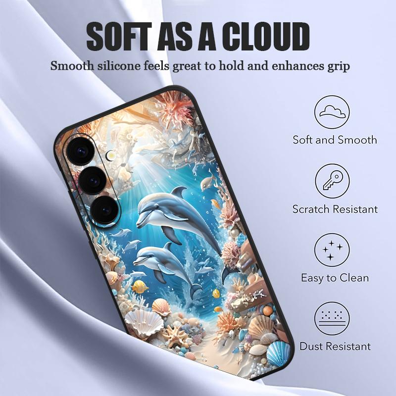 Blue Ocean Dolphin Print Case For Samsung Galaxy S26 Ultra S25 FE S24 S23 S22 Plus S21 FE Built-in Metal Plate Magnetic Silicone Cover