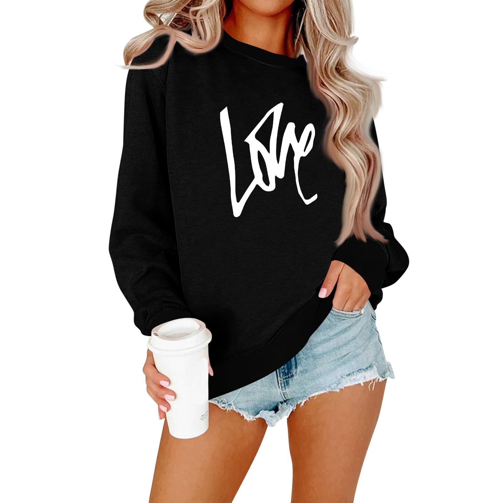 Женская модная повседневная толстовка с длинными рукавами и круглым вырезом с принтом ко Дню святого Валентина L чёрный 1613₽
