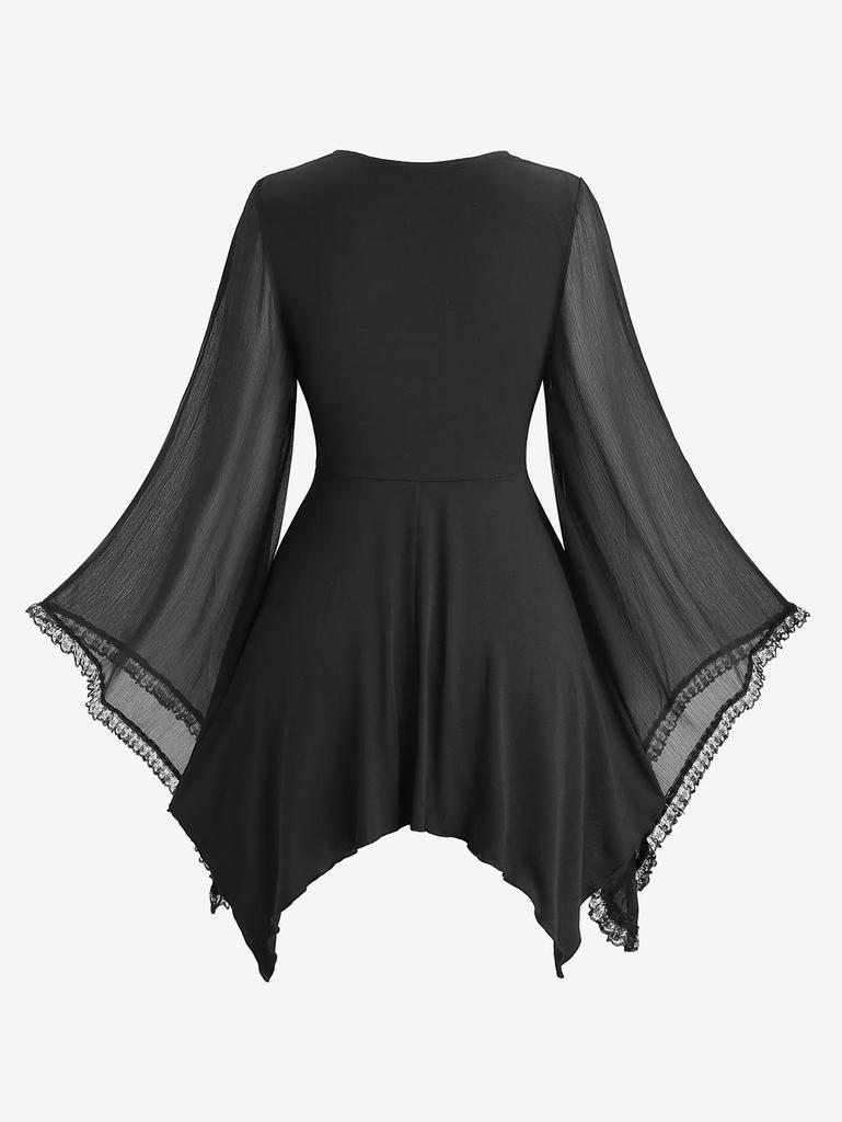 Rosegal Plus Size Lace-up PU Leather Patchwork Lace Trim Asymmetrical Flare Sleeve Top