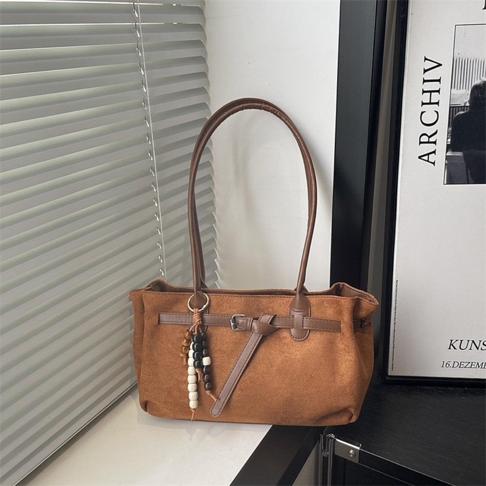 Stylish Vintage Shoulder Bag Large Capacity Imitation Suede Underarm Bag Solid Color Pendant Decoration Women's Handbag Women